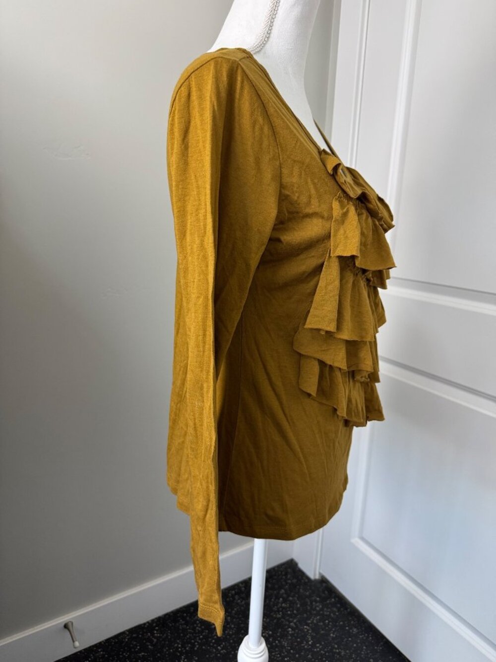 Bella Bird Womens M Mustard Yellow Ruffle Zig Zag Office Casual Retro - Picture 9 of 12